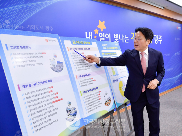 강기정 광주시장이 26일 시청 기자실에서 2023년도 국비 유치 내용을 설명하고 있다(사진=광주시청)