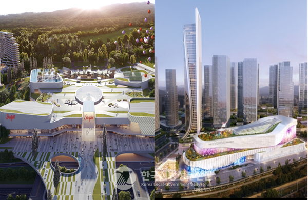 광주광역시에 건립 신청된 신세계 '그랜드 스타필드 광주'(왼쪽)와 '더현대 광주' 조감도(사진=조용원 기자)