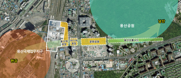 서울시가 용산역~용산공원으로 이어지는 공원부지 일대를 정치-경제-문화의 핵심공간으로 재탄생시키는 입체화 방안을 마련하고, 핵심 거점과의 연계를 강화하기 위해 ‘용산 게이트웨이 조성’을 추진한다. (사진=서울시청)