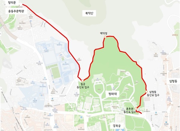 윤동주문학관 앞 창의문로에서 시작해 북악산(백악산) 탐방로를 거쳐 청와대 춘추관 입구에 이르는 약 1.9km 구간이 '걷기 좋은 길'로 재탄생한다. (사진=종로구청)