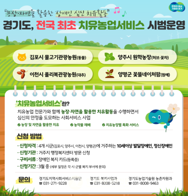 국내 최초로 사회서비스와 농업의 만남 '치유농업서비스' 시범 사업이 경기도내 4개 시군에서 추진된다.(자료=경기도청)