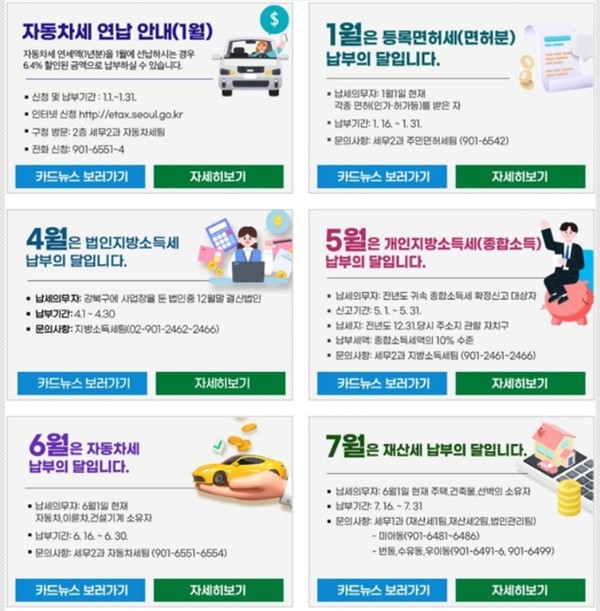 ‘지방세 카드뉴스’는 매월 납부해야하는 자동차세, 재산세, 주민세 등 지방세 정보와 마을세무사, 선정대리인 제도와 같은 납세편의시책 등 총 12개의 카드뉴스로 구성했다.  자료는 강북구 홈페이지 지방세 카드뉴스 페이지 (자료=강북구청)