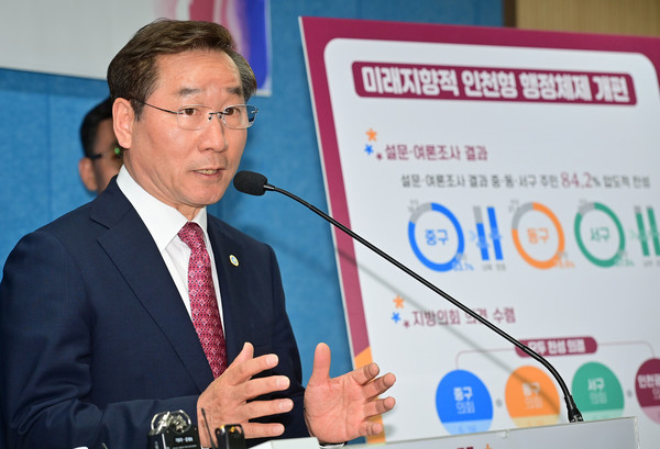 유정복 인천광역시장 “이번 건의가 끝이 아닌 새로운 시작이라는 마음으로, 개편이 원활히 마무리될 수 있도록 최선을 다해 노력해 나가는 한편, 행정체제 개편을 통해 지난 28년을 뛰어넘는 새로운 인천의 미래를 그려 나가겠다”고 밝혔다. (사진=인천시청)