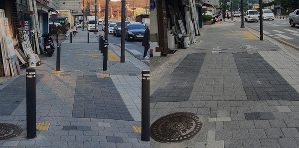 서울 노원구(구청장 오승록)가 보행약자 중심의 거리환경 조성에 박차를 가하고 있다고 밝혔다. 차량진입방지 말뚝 제거 전(왼쪽) 후(오른쪽) (사진=노원구청)