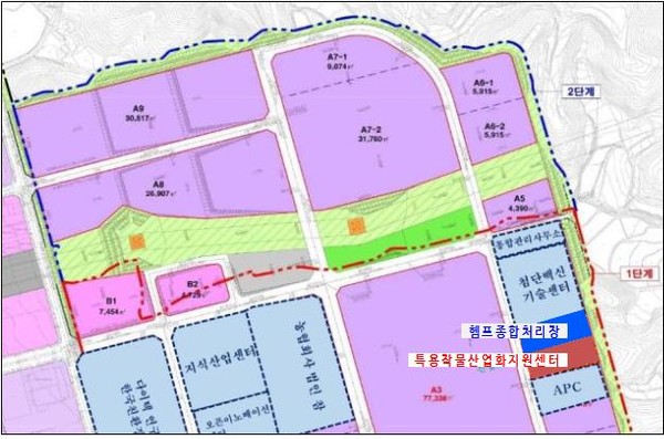 경북도는 2023년도 국비 공모사업인‘특용작물산업화지원센터 건립’(이하 ‘센터’)과‘산업·식품용 헴프산업 클러스터 조성사업’(이하 ‘클러스터’)에 안동시가 최종 선정됐다고 밝혔다. 위치도(경북바이오2차 산업단지 내) (자료=경북도)