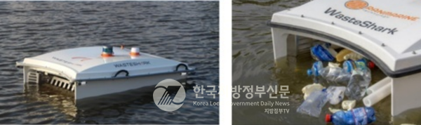 해양쓰레기를 청소하는 로봇인 ‘웨이스트 샤크(Waste Shark)’도 도입하고 있는데 이는 쓰레기를 먹는 상어라는 의미이며 하루에 약 500kg의 쓰레기와 녹조류를 수거한다.(사진=해양환경보호중앙회 광양시지부)