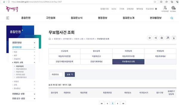 동대문구(구청장 이필형)가 최근 서울시 자치구 최초로 주민들이 본인의 자동차 무보험 운행 적발 여부를 구 누리집에서 직접 확인할 수 있는 ‘무보험 사건 스마트 서치’를 구축했다고 17일 밝혔다. (자료=동대문구)