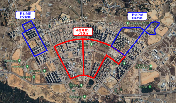 자율주행 자동차 운행 시간대는 주말·공휴일을 제외한 월∼금 오전 10시∼오후 5시, 오후 6∼7시며, 주간에는 주정차 계도 6회, 야간에는 방범 순찰 2회를 실시한다. 방범 순찰 활동 노선도 (자료=충남도)