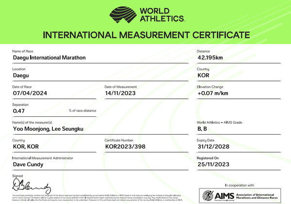 대구광역시는 대한육상연맹과 함께 변경된 코스안에 대해 그동안 2회에 걸쳐 현장계측을 실시했으며, 심사 결과 세계육상연맹으로부터 12월 4일(월) ‘국제공인코스 인증서’를 받게 됐다.  ‘국제공인코스 인증서’ (자료=대구시)