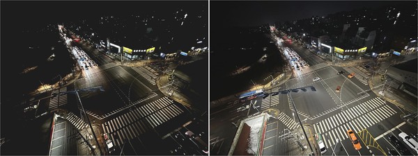 양천구는 조명타워에 등기구별 각도 조절이 가능한 비대칭형 투광등을 탑재해 운전자의 눈부심 및 인근 주거지 빛 공해를 방지했다. 과학수사연구원 조명타워 설치 전후 (사진=양천구)