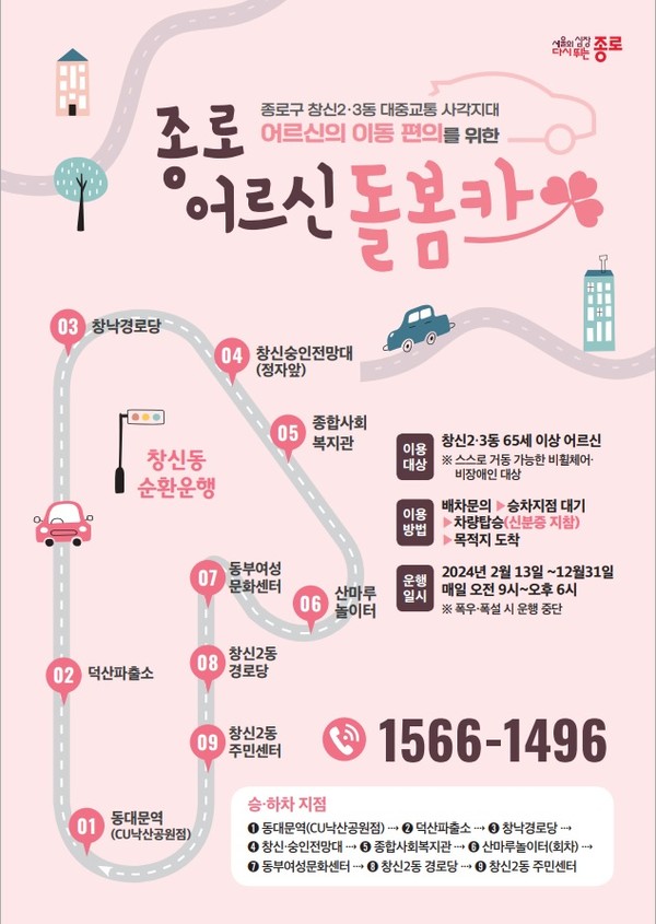 ‘동대문역 1번 출구 인근’, ‘덕산파출소’, ‘창낙경로당’, ‘창신·숭인전망대’, ‘종로종합사회복지관’, ‘산마루놀이터(회차)’, ‘동부여성문화센터’, ‘창신2동 경로당, ’창신2동 주민센터‘ 순으로 순환 운행하며 해당 장소에서 승하차하면 된다. (자료=종로구)