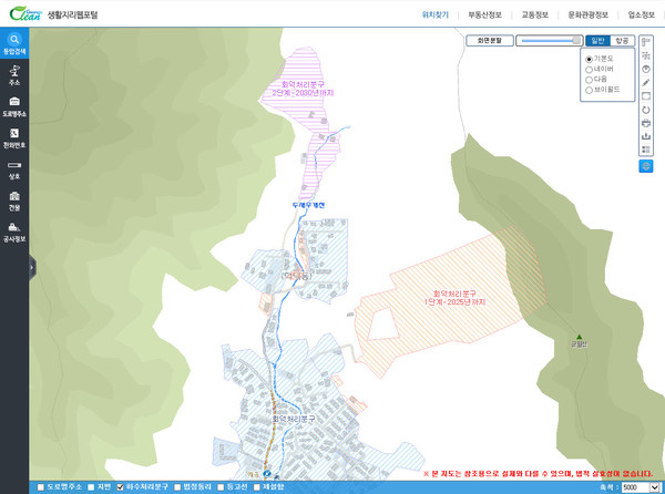 생활지리 웹 포털에서 서비스하는 하수처리구역 정보는 하수도 시설의 단계별 집행계획을 반영한 하수도 정비 기본계획(변경)을 환경부 산하 한강유역환경청으로부터 최종 승인받은 자료를 근거로 구축됐다. (자료=광주시)