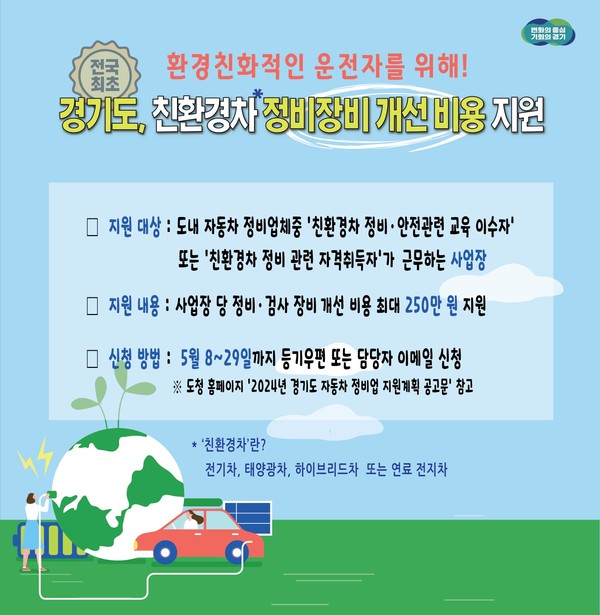 경기도가 전국 최초로 하이브리드, 전기차 같은 환경친화적 자동차 정비·검사장비 개선 비용을 지원하는 ‘경기도 자동차정비업 지원사업’을 추진한다고 8일 밝혔다. (자료=경기도)