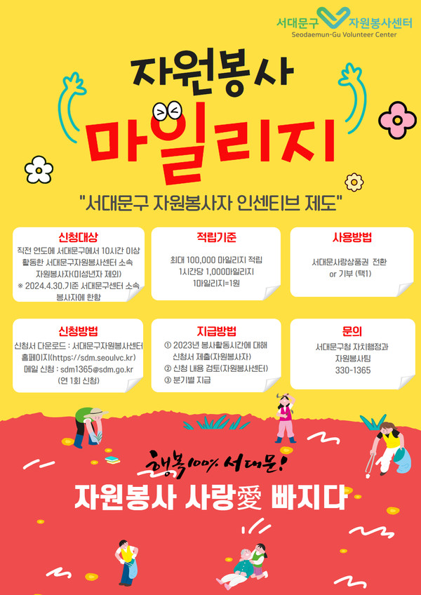 서대문구 자원봉사센터는 자원봉사자의 사기진작과 자원봉사 활성화를 위해 서울시 최초로 자원봉사 마일리지 제도를 운영한다고 13일 밝혔다. 