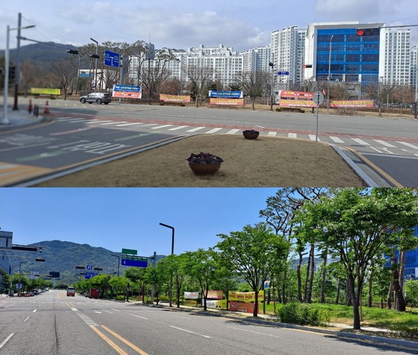 충청남도청 남문 앞 게시대 설치 전(위), 후(아래) 모습 (사진=예산군)