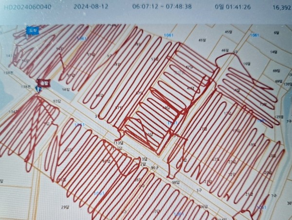 비행기록장치에 항공방제 경로가 표시된 모습 (자료=태안군)
