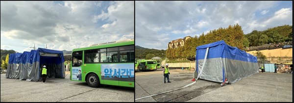 시는 지난 25일 16시 안양시 및 안양도시공사 관계 부서 등과 자동식 질식소화포 시연으로 화재 진압 효과를 확인하고 화재 대응 훈련을 실시했다. 시연 전(좌) 후(우) (사진=안양시)