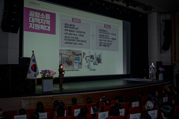 지난 1월 신년인사회에서 공항소음대책지역 지원 정책 발표중인 이기재구청장(오른쪽) (사진=양천구)