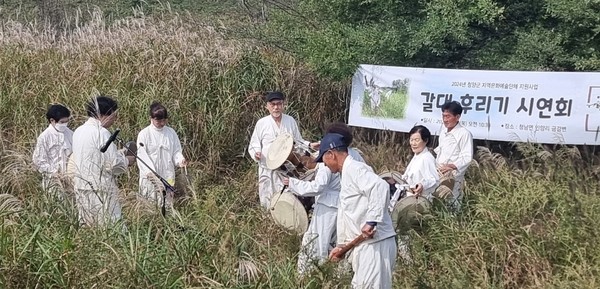 청양군은 청양갈대후리는소리보존회(대표 최창만)에서 최근 청양군 청남면 인양리 금강변에서 '갈대후리는소리시연회(이하 시연회)'을 열었다고 밝혔다. (사진=청양군)