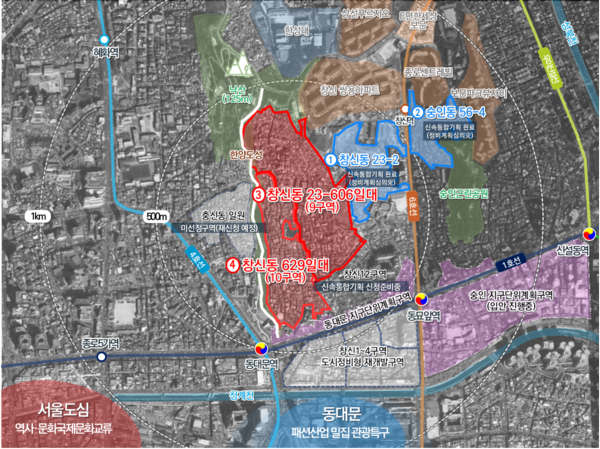 이번에 확정된 대상지(창신동 23-606, 629 일대)는 서울 도심에 위치하지만 경사가 가파른 구릉지형(표고 40m, 경사 10° 이상)으로 도로도 협소하고 노후 건축물이 전체 95%에 달하는 등 환경이 매우 열악한 지역들이다. 또한 주변 한양도성, 흥인지문 등 국가유산으로 인한 앙각규정 등 제약이 많은 곳이기도 하다. (자료=서울시청)