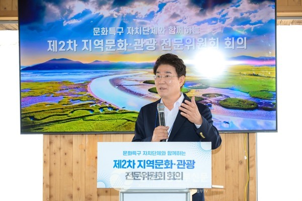 이날 노관규 순천시장은 문화콘텐츠 분야 유일의 문화도시로서 기업 지원, 인력 양성, 시민 향유를 3대 중점 전략으로 삼아 글로벌 문화산업 메카로 도약하겠다는 비전을 제시했다.(사진=조용원 기자)