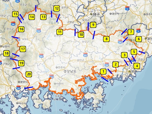 광역 시도 간 지적도 경계 정비사업은 2025부터 2029년까지 5년간 진행되며, 경남도와 연접된 부산, 대구, 울산, 전북, 전남, 경북 6개 광역 시도와의 지적도 경계를 정비하는 것이 핵심이다. 대상 지역은 창원, 김해, 밀양, 양산, 창녕, 하동, 함양, 거창, 합천 9개 시군이며, 총 사업비는 1억 6,700만 원(국비 50% 도비 50%)이 투입된다. (자료=경남도청)