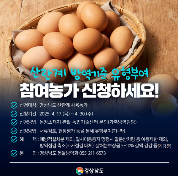 경남도(도지사 박완수)가 첫 걸음을 뗀 ‘방역기준 유형부여’ 제도가 농가의 자발적 책임 방역을 뒷받침하며 경남도를 ‘고병원성 조류인플루엔자(AI) 안전지대’로 탈바꿈시킬지 주목된다. (자료=경남도청)