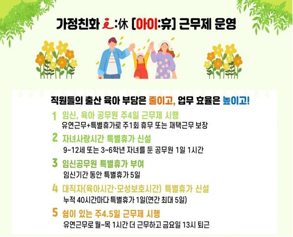 인천광역시(시장 유정복)가 7월부터 본격 시행되는 ‘가정친화 i:休(아이:휴) 근무제’를 통해 공직자들이 일과 가정 사이에서 실제적인 여유를 누릴 수 있도록 다섯 가지 핵심 제도를 도입했다. (자료=인천시청)